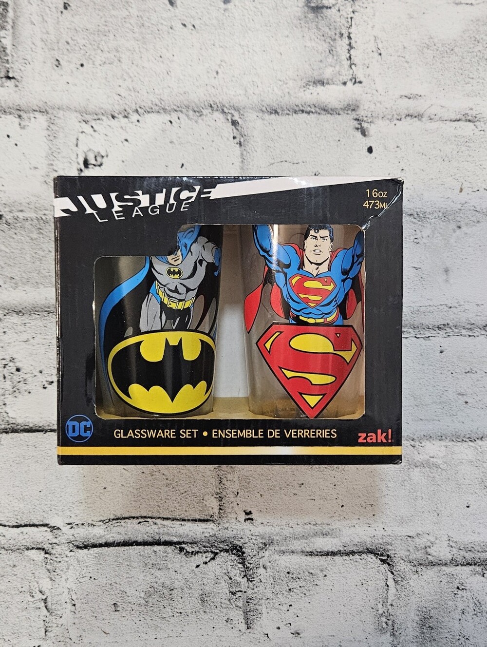 Zak DC Justice League Batman Superman 2 Double Sided Glasses 16oz Boxed